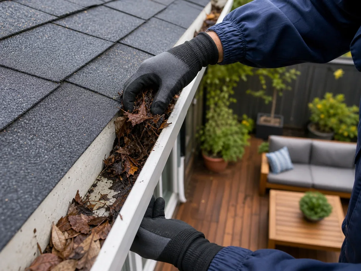 Cleaning leaves out of a gutter above a patio