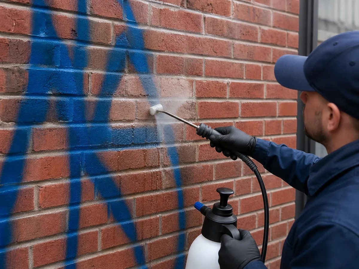 Controlled graffiti removal on a brick wall
