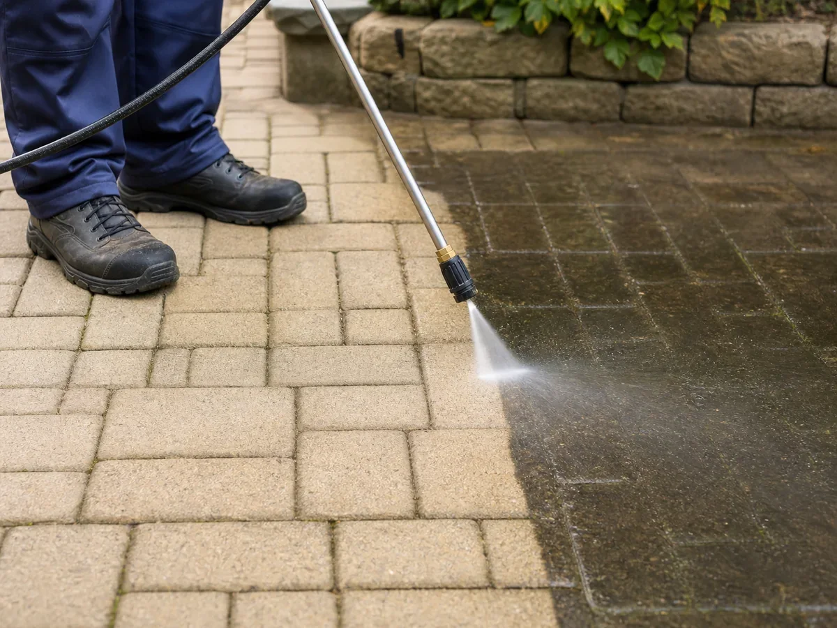 Pressure washing of interlocking pavers